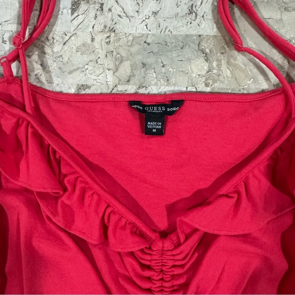 Guess Hot Pink Ruffle Cold-Shoulder Drawstring Tank - Picture 3 of 4